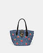 COACH®,SMALL TOTE WITH STRAWBERRY EMBROIDERY,Straw/Smooth Leather,Medium,Brass/Washed Chambray Black,Front View