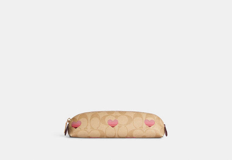 COACH®,PENCIL CASE IN SIGNATURE CANVAS WITH STRIPE HEART PRINT,Gold/Light Khaki/Pink,Front View