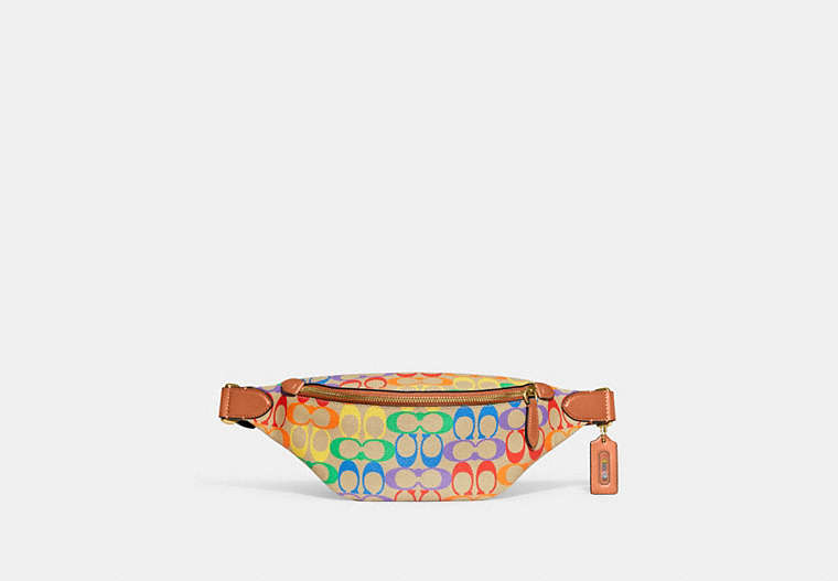 COACH®,CHARTER BELT BAG 7 IN RAINBOW SIGNATURE CANVAS,Signature Coated Canvas/Leather,Small,Rainbow Signature,Front View