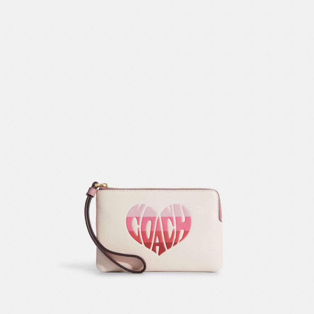 COACH®,CORNER ZIP WRISTLET WITH STRIPE HEART MOTIF,Mini,Gold/Chalk Multi,Front View