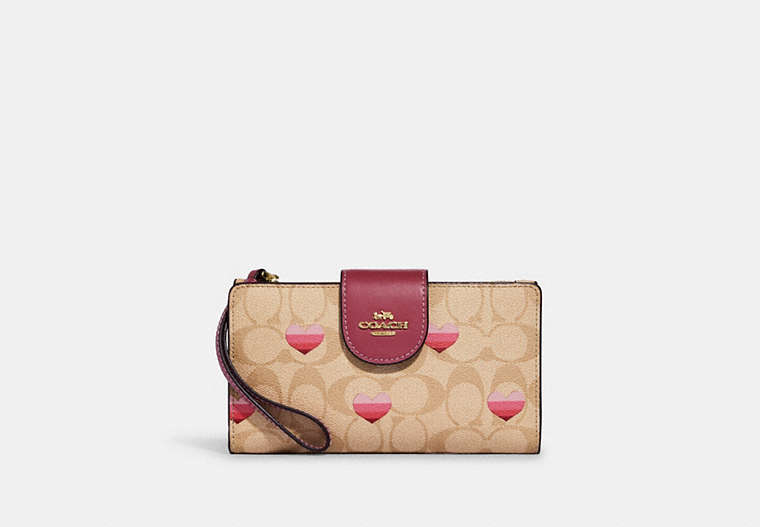 COACH®,PHONE WALLET IN SIGNATURE CANVAS WITH STRIPE HEART PRINT,Gold/Light Khaki Multi,Front View