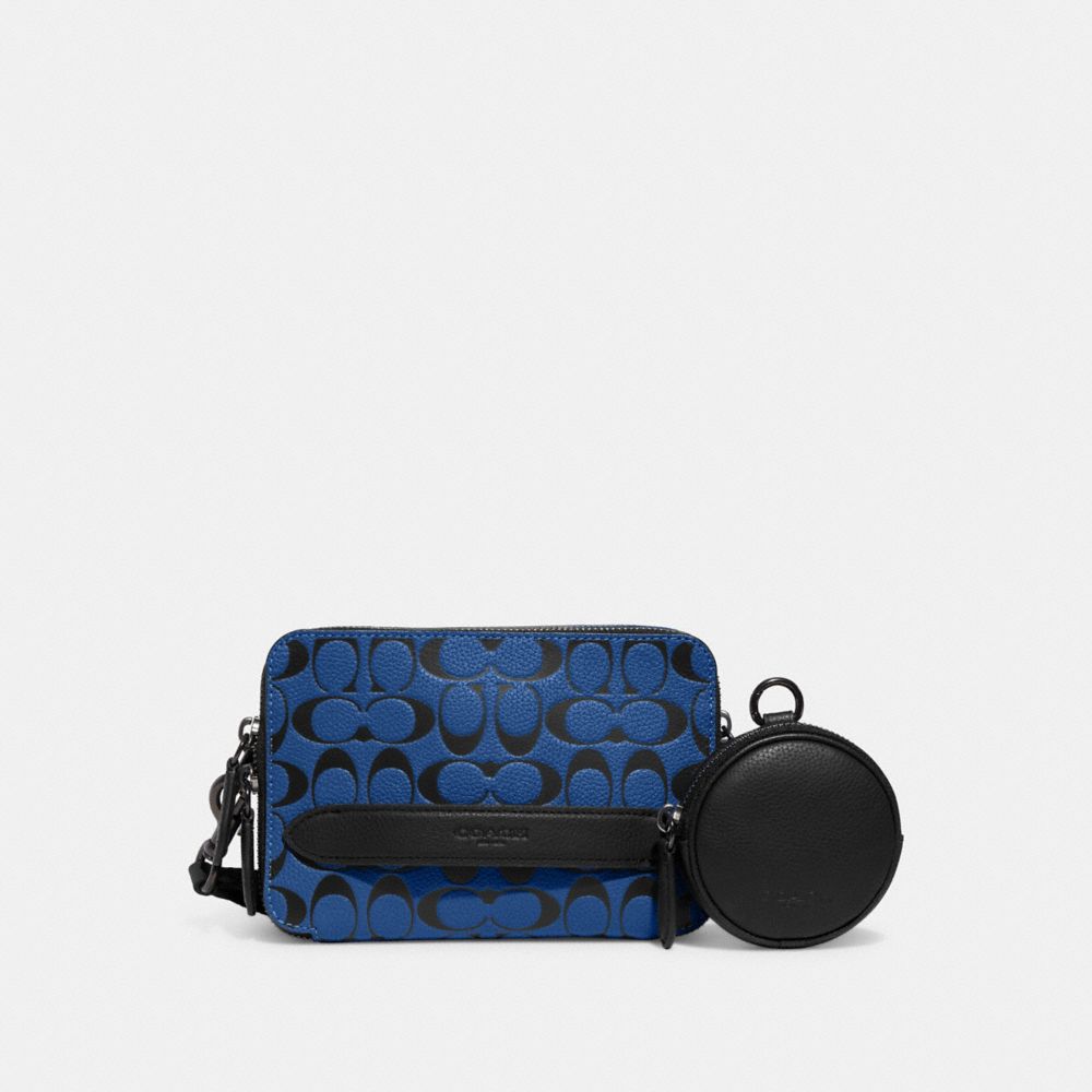 COACH®,CHARTER CROSSBODY WITH HYBRID POUCH IN SIGNATURE LEATHER,Mini,Blue Fin/Black,Front View
