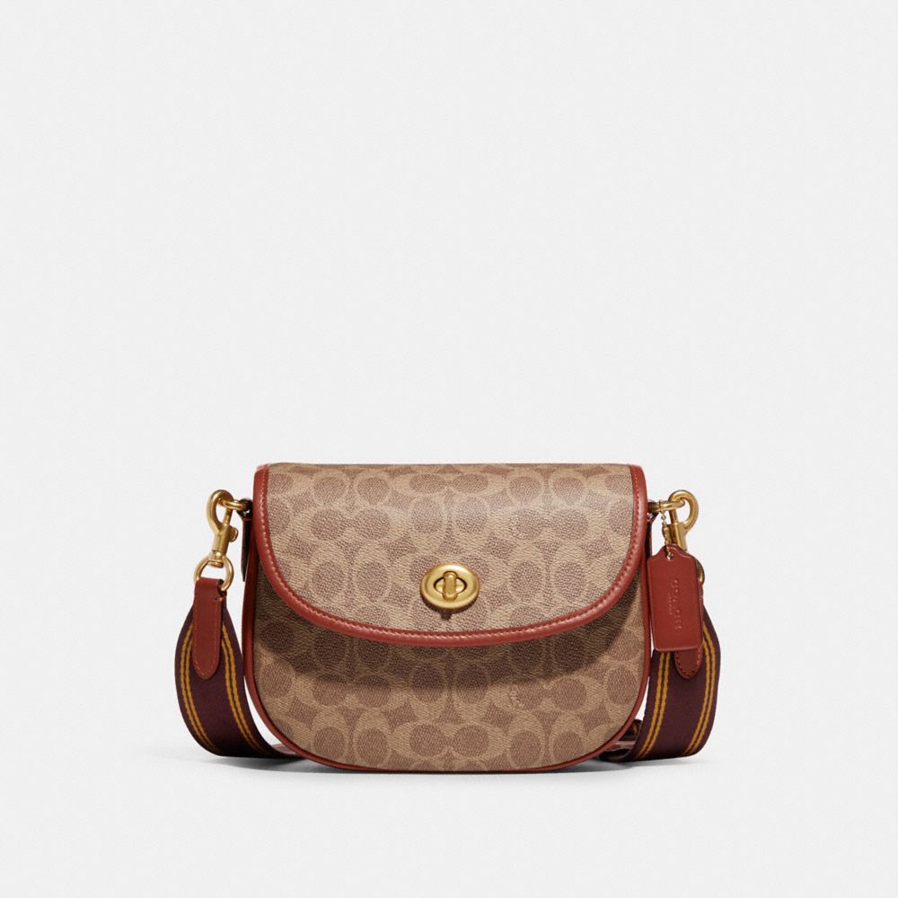 COACH®,WILLOW SADDLE BAG IN SIGNATURE CANVAS,Coated Canvas,Small,Brass/Tan/Rust,Front View image number 0