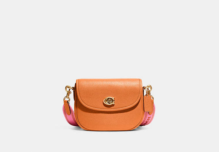 COACH®,WILLOW SADDLE BAG,Polished Pebble Leather,Small,Brass/Papaya,Front View