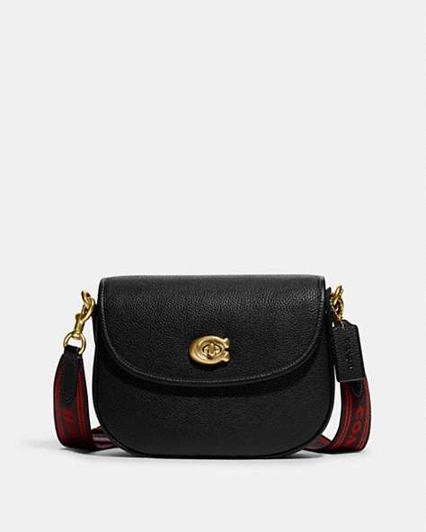 COACH®,WILLOW SADDLE BAG,Polished Pebble Leather,Small,Brass/Black,Front View