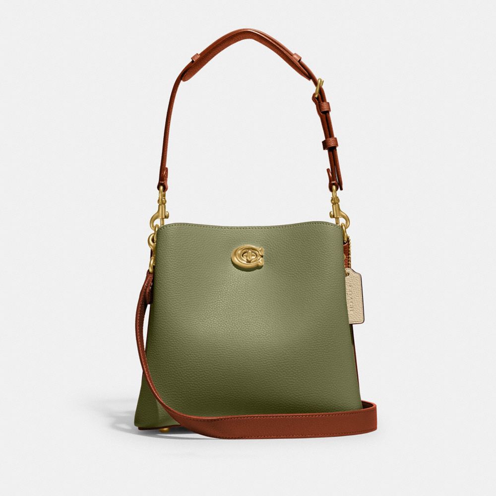 COACH®,WILLOW BUCKET BAG IN COLORBLOCK WITH SIGNATURE CANVAS INTERIOR,Coated Canvas,Medium,Brass/Moss Multi,Front View