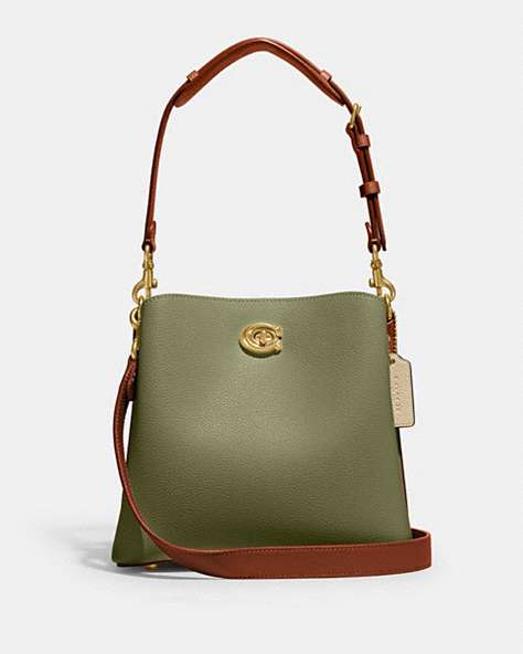 COACH®,WILLOW BUCKET BAG IN COLORBLOCK WITH SIGNATURE CANVAS INTERIOR,Coated Canvas,Medium,Brass/Moss Multi,Front View