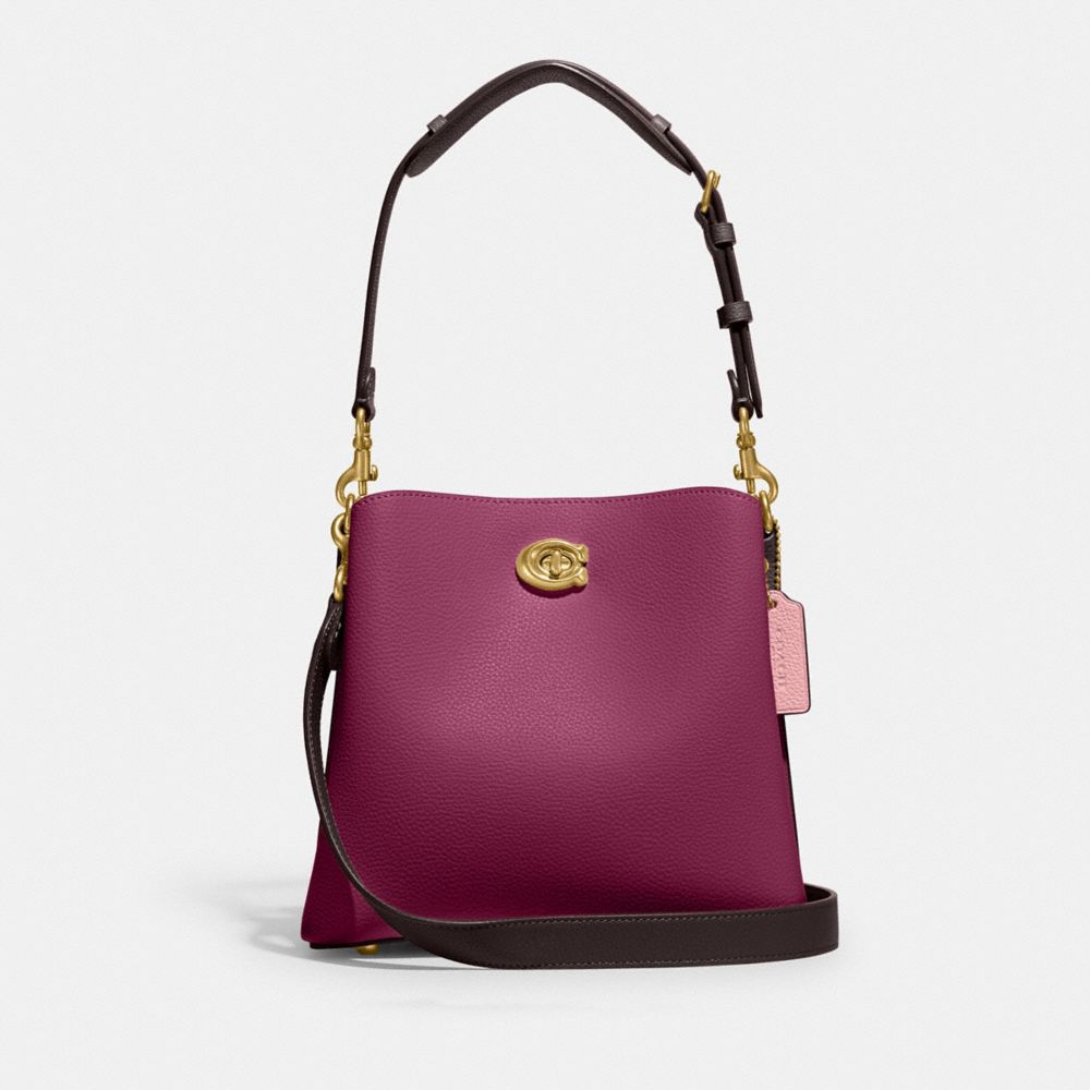 COACH®,WILLOW BUCKET BAG IN COLORBLOCK WITH SIGNATURE CANVAS INTERIOR,Coated Canvas,Medium,Brass/Deep Plum Multi,Front View