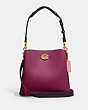 COACH®,WILLOW BUCKET BAG IN COLORBLOCK WITH SIGNATURE CANVAS INTERIOR,Polished Pebble Leather,Brass/Deep Plum Multi,Front View