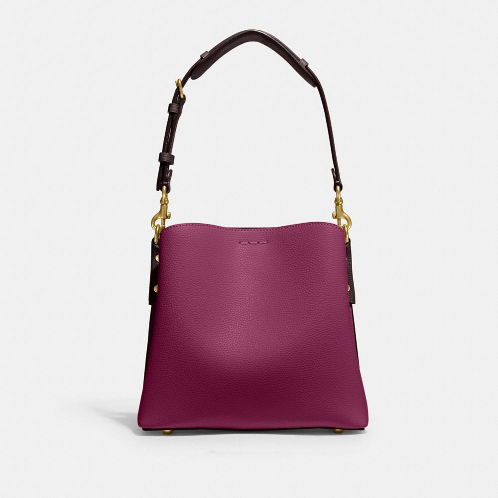 COACH®,WILLOW BUCKET BAG IN COLORBLOCK WITH SIGNATURE CANVAS INTERIOR,Coated Canvas,Medium,Brass/Deep Plum Multi,Back View