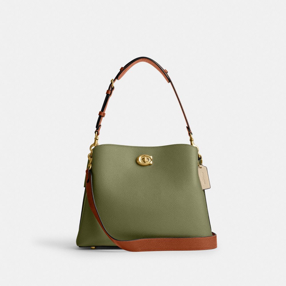 COACH®,WILLOW SHOULDER BAG IN COLORBLOCK WITH SIGNATURE CANVAS INTERIOR,Medium,Brass/Moss Multi,Front View