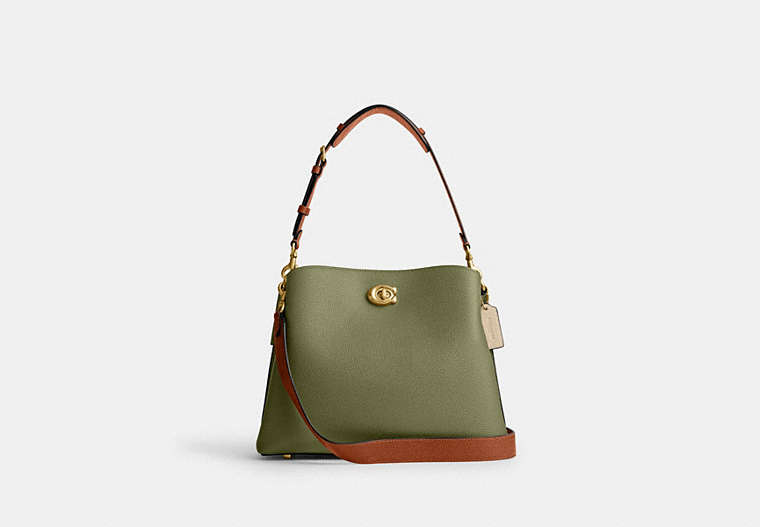 COACH®,WILLOW SHOULDER BAG IN COLORBLOCK WITH SIGNATURE CANVAS INTERIOR,Medium,Brass/Moss Multi,Front View image number 0
