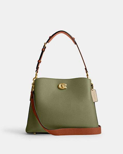 COACH®,WILLOW SHOULDER BAG IN COLORBLOCK WITH SIGNATURE CANVAS INTERIOR,Medium,Brass/Moss Multi,Front View