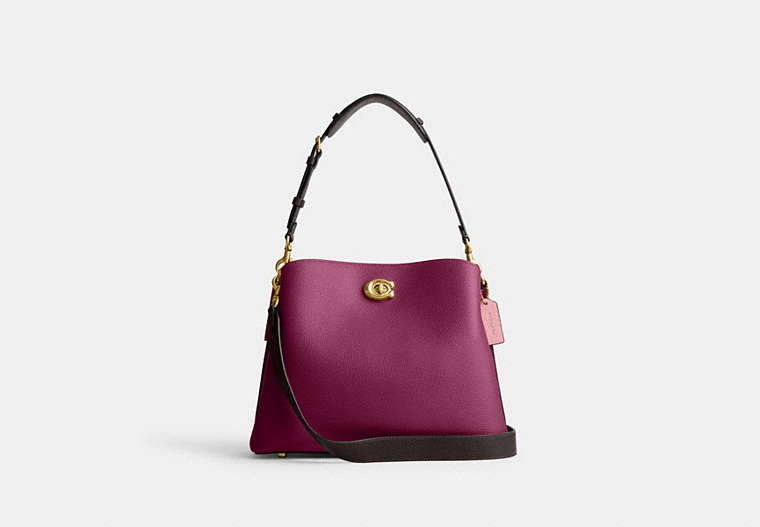 COACH®,WILLOW SHOULDER BAG IN COLORBLOCK WITH SIGNATURE CANVAS INTERIOR,Brass/Deep Plum Multi,Front View image number 0