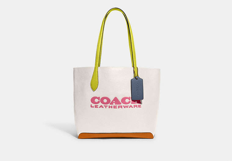 COACH®,KIA TOTE IN COLORBLOCK,Natural Pebble Leather,Medium,Brass/Chalk Multi,Front View