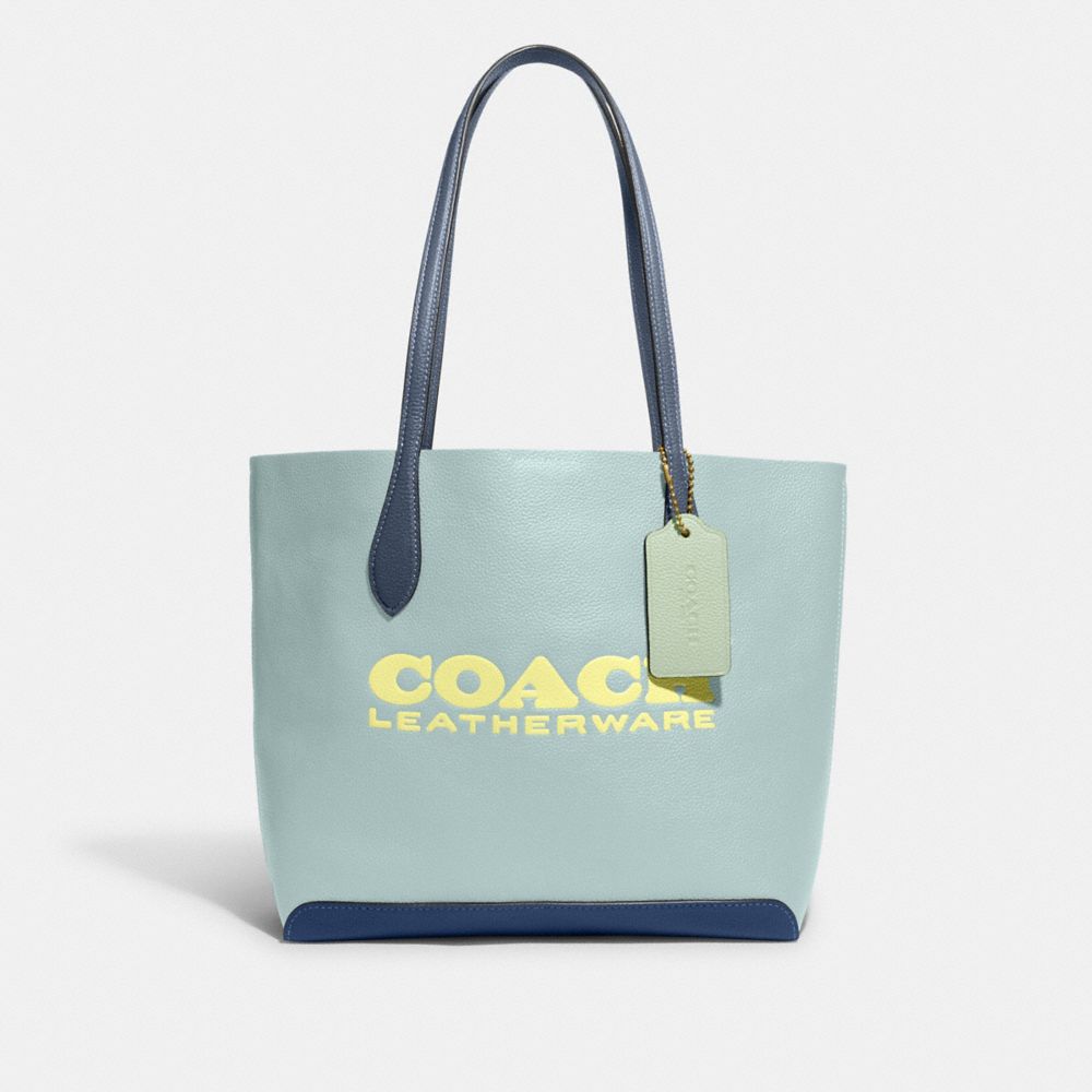 COACH®,KIA TOTE IN COLORBLOCK,Natural Pebble Leather,Medium,Brass/Aqua Multi,Front View