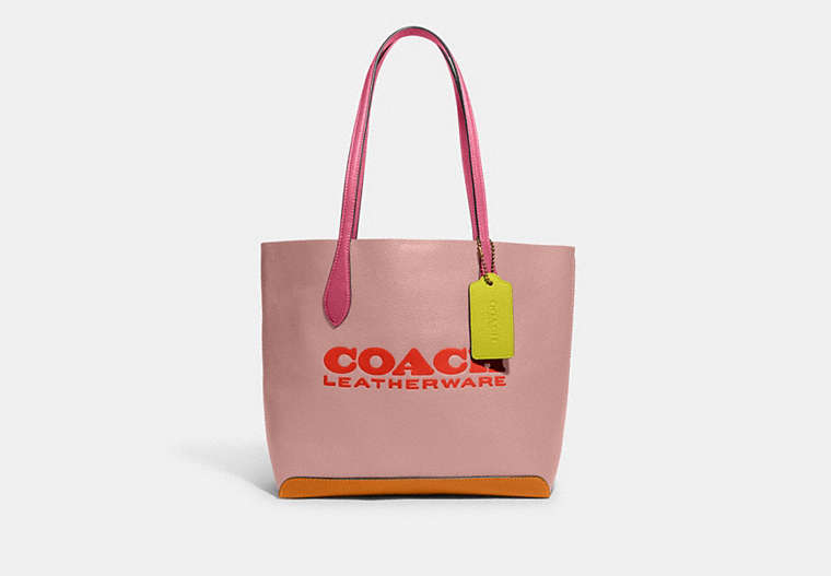 COACH®,KIA TOTE IN COLORBLOCK,Natural Pebble Leather,Medium,Brass/Carnation Multi,Front View