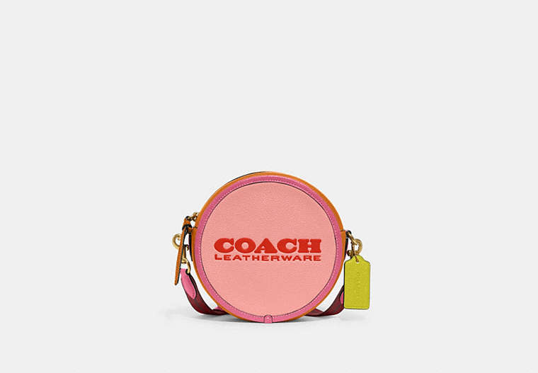 COACH®,KIA CIRCLE BAG IN COLORBLOCK,Natural Pebble Leather,Small,Brass/Carnation Multi,Front View