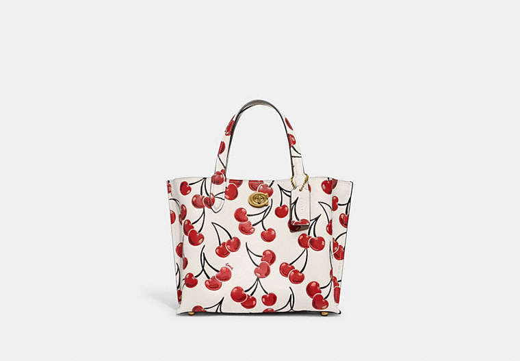 COACH®,WILLOW TOTE 24 WITH CHERRY PRINT,Pebble Leather,Medium,Brass/Chalk,Front View