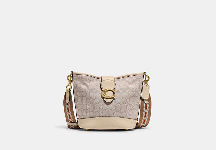 COACH®,TALI BUCKET BAG IN SIGNATURE JACQUARD,Jacquard/Smooth Leather,Medium,Brass/Stone Ivory,Front View