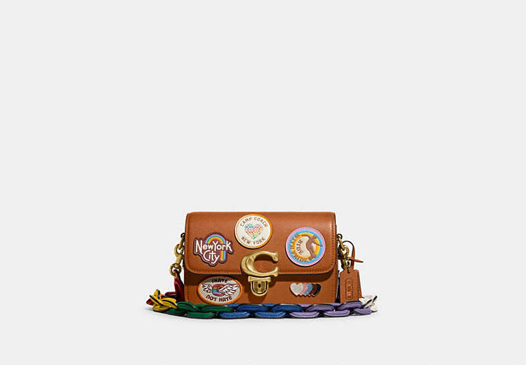 COACH®,STUDIO SHOULDER BAG 19 WITH PATCHES,Glovetanned Leather,Mini,Brass/Hazelnut Multi,Front View