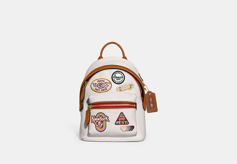 COACH®,CHARTER BACKPACK 18 WITH PATCHES,Pebble Leather,Small,Brass/Chalk Multi,Front View