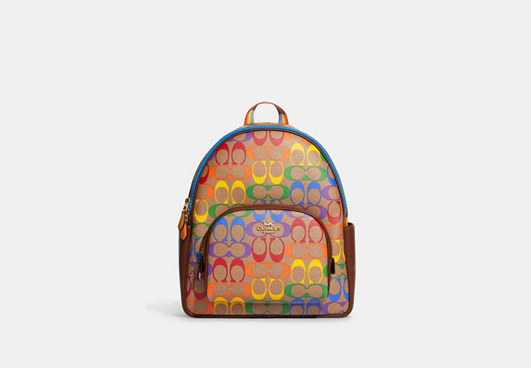 COACH®,COURT BACKPACK IN RAINBOW SIGNATURE CANVAS,canvas,Large,Gold/Khaki Multi,Front View