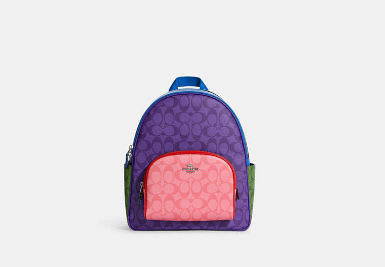 COACH®,COURT BACKPACK IN BLOCKED SIGNATURE CANVAS,Large,Silver/Sport Purple Multi,Front View