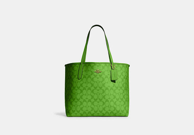 COACH®,CITY TOTE IN BLOCKED SIGNATURE CANVAS,X-Large,Im/Neon Green,Front View