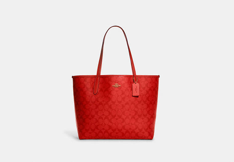 COACH®,CITY TOTE BAG IN BLOCKED SIGNATURE CANVAS,X-Large,Im/Miami Red,Front View