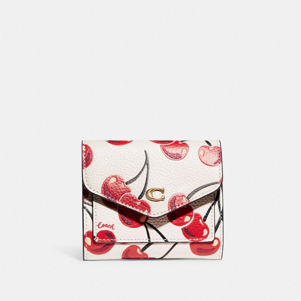 COACH®,WYN SMALL WALLET WITH CHERRY PRINT,Pebble Leather,Mini,Brass/Chalk,Front View