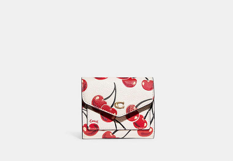 COACH®,WYN SMALL WALLET WITH CHERRY PRINT,Pebble Leather,Mini,Brass/Chalk,Front View