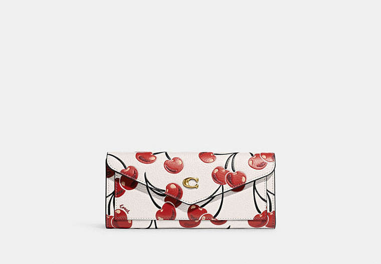 COACH®,WYN SOFT WALLET WITH CHERRY PRINT,Pebble Leather,Mini,Brass/Chalk,Front View