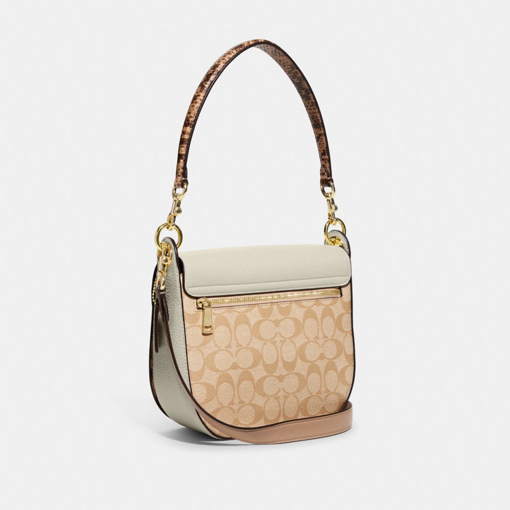 COACH®,KLEO SHOULDER BAG 23 IN BLOCKED SIGNATURE CANVAS,pvc,Medium,Gold/Light Khaki Chalk Multi,Angle View