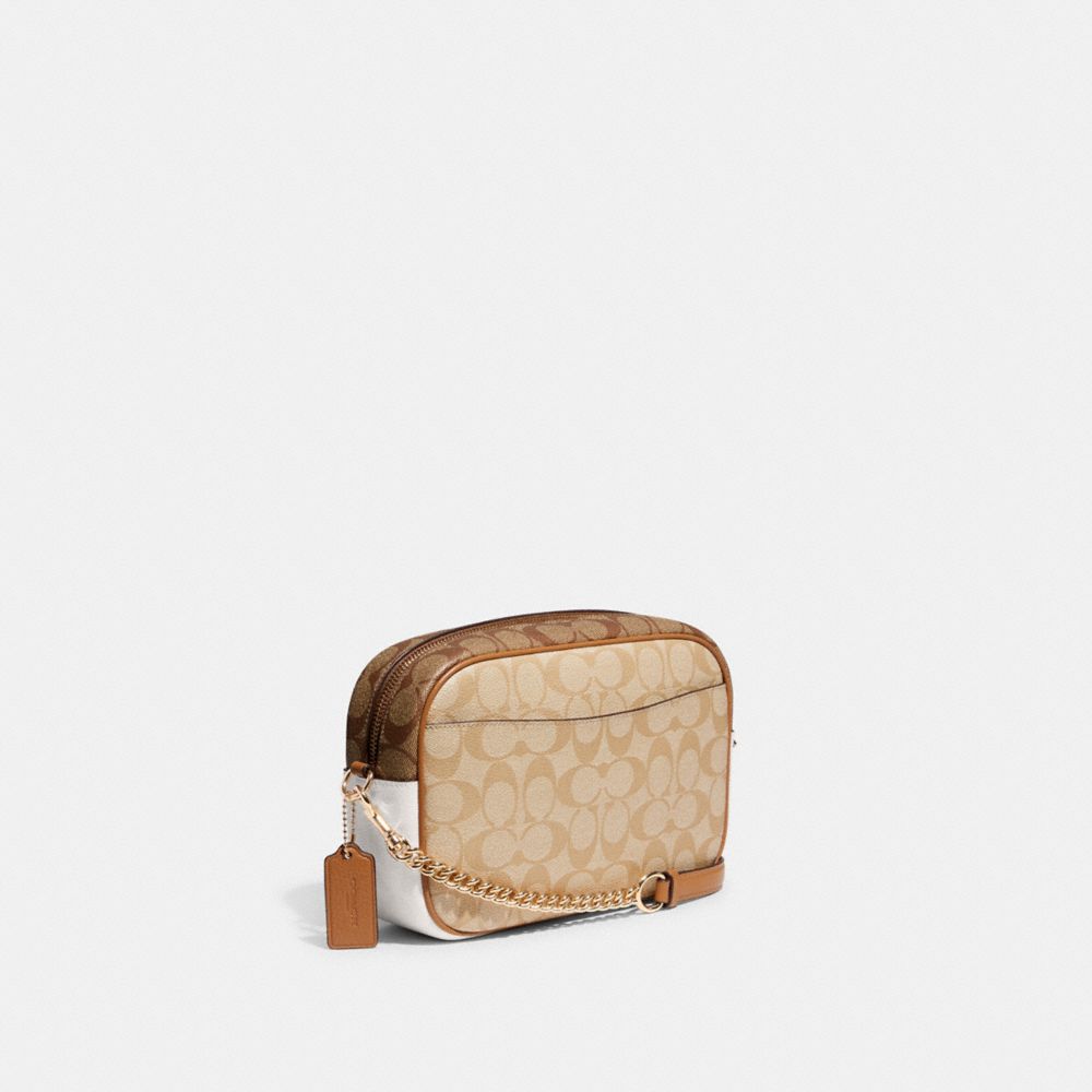 COACH®,Jamie Camera Bag In Blocked Signature Canvas,Canvas,Leather,Camera Bag,Color Block,Logo,Piping,Gold Metal,Casual,Beige,Angle View