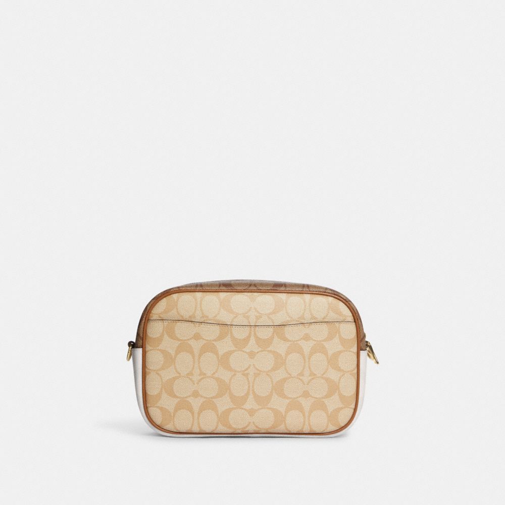COACH®,Jamie Camera Bag In Blocked Signature Canvas,Canvas,Leather,Camera Bag,Color Block,Logo,Piping,Gold Metal,Casual,Beige,Back View