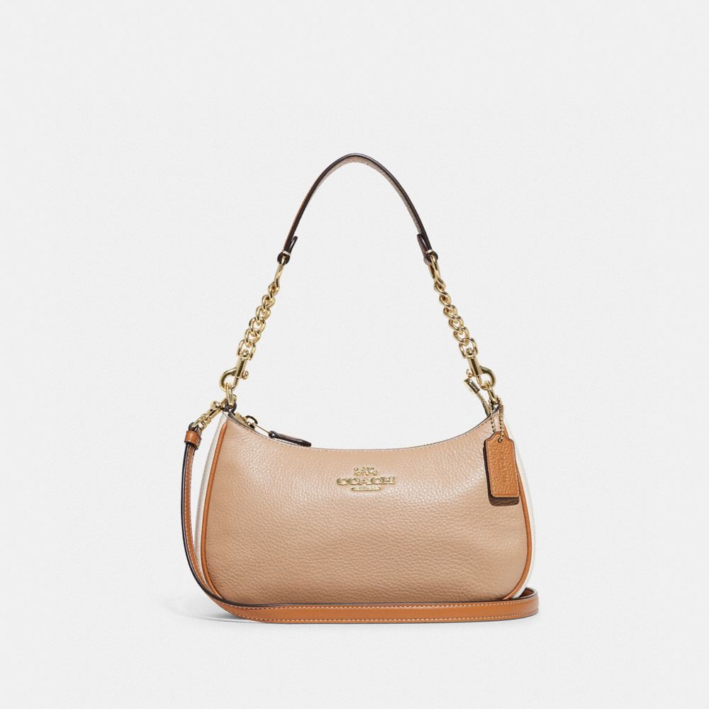 COACH®,TERI SHOULDER BAG IN COLORBLOCK,Novelty Leather,Gold/Taupe Multi,Front View