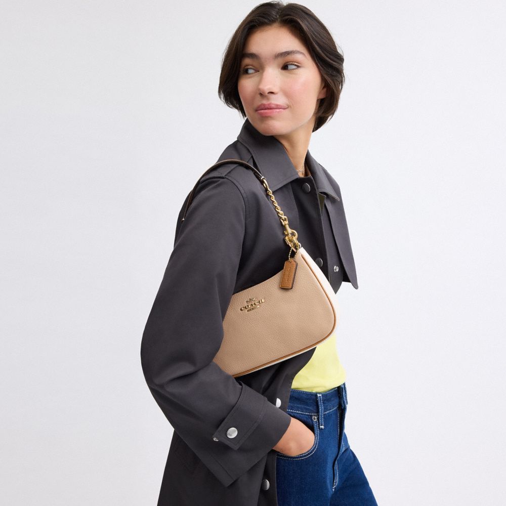 COACH®,Teri Shoulder Bag In Colorblock,Leather,Shoulder Bag,Color Block,Piping,Gold Metal,Day Party,Beige,Detail View