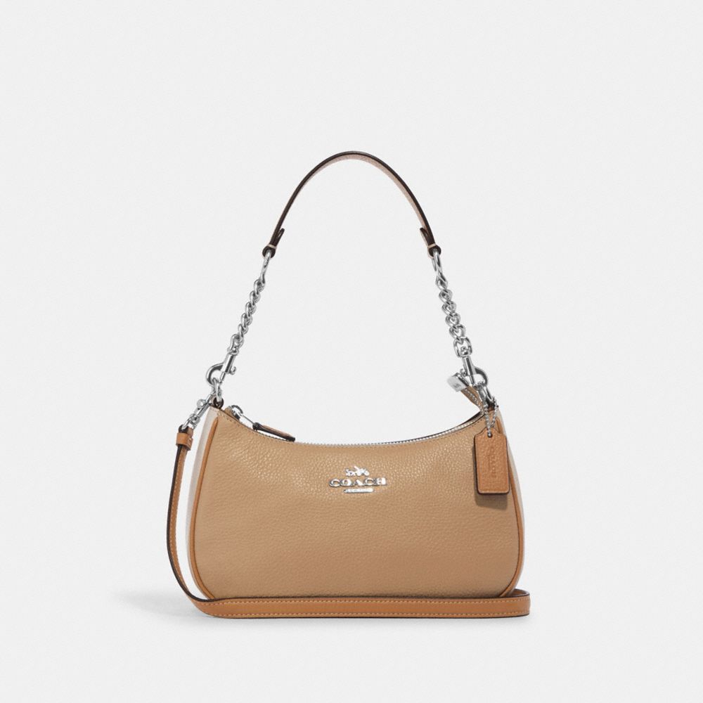 COACH®,TERI SHOULDER BAG IN COLORBLOCK,Novelty Leather,Silver/Sandy Beige Multi,Front View