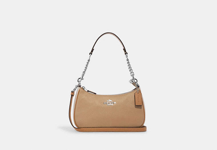 COACH®,TERI SHOULDER BAG IN COLORBLOCK,Refined Pebble Leather,Large,Silver/Sandy Beige Multi,Front View image number 0