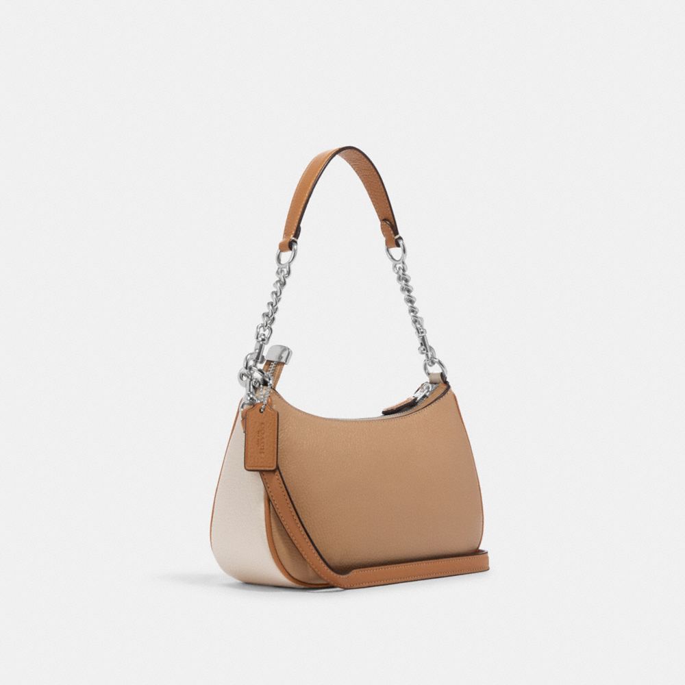 COACH®,TERI SHOULDER BAG IN COLORBLOCK,Novelty Leather,Silver/Sandy Beige Multi,Angle View
