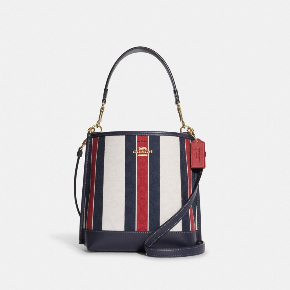 COACH®,MOLLIE BUCKET BAG 22 IN SIGNATURE JACQUARD WITH STRIPES,Medium,Gold/Chalk Multi,Front View image number 0