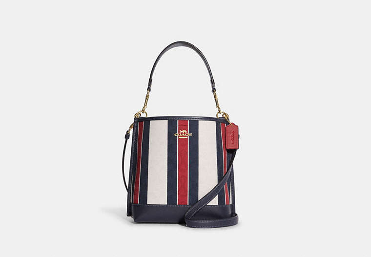 COACH®,MOLLIE BUCKET BAG 22 IN SIGNATURE JACQUARD WITH STRIPES,Medium,Gold/Chalk Multi,Front View image number 0