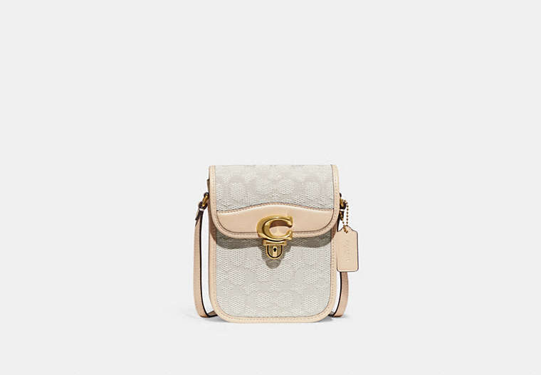 COACH®,TALL STUDIO CROSSBODY IN SIGNATURE JACQUARD,Jacquard/Smooth Leather,Small,Brass/Chalk Ivory,Front View