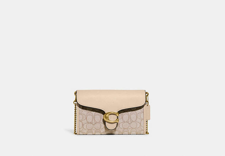 COACH®,TABBY CHAIN CLUTCH IN SIGNATURE JACQUARD,Jacquard/Smooth Leather,Mini,Brass/Stone Ivory,Front View
