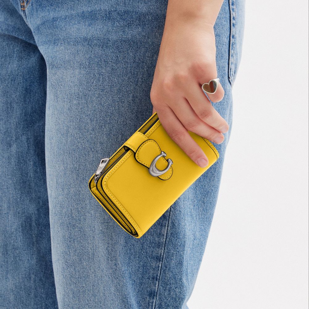 COACH®,Tabby Medium Wallet,Leather,Bi Fold,Logo,Metal,Casual,Mustard,Detail View