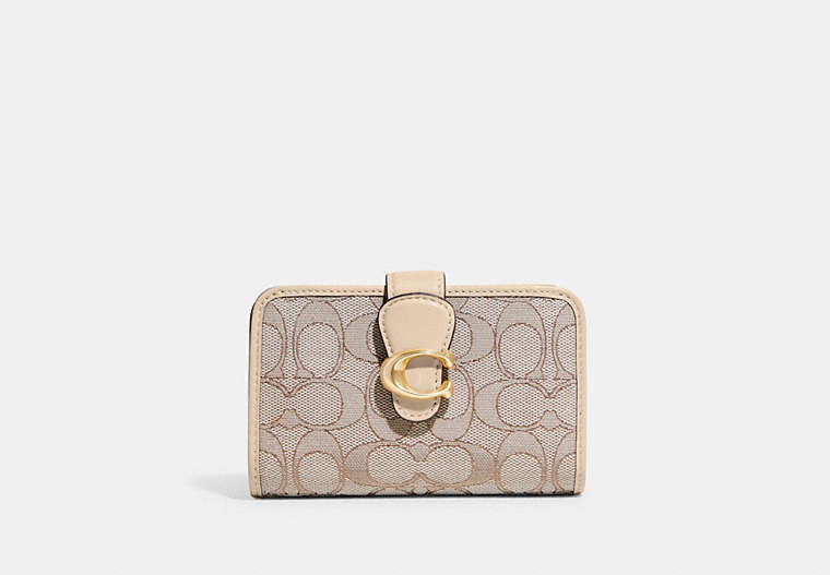 COACH®,TABBY MEDIUM WALLET IN SIGNATURE JACQUARD,Smooth Leather,Mini,Brass/Stone Ivory,Front View