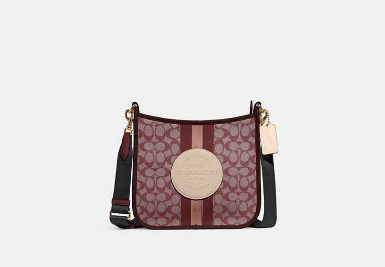 COACH®,DEMPSEY FILE BAG IN SIGNATURE JACQUARD WITH STRIPE AND COACH PATCH,Jacquard,Large,Gold/Wine Multi,Front View