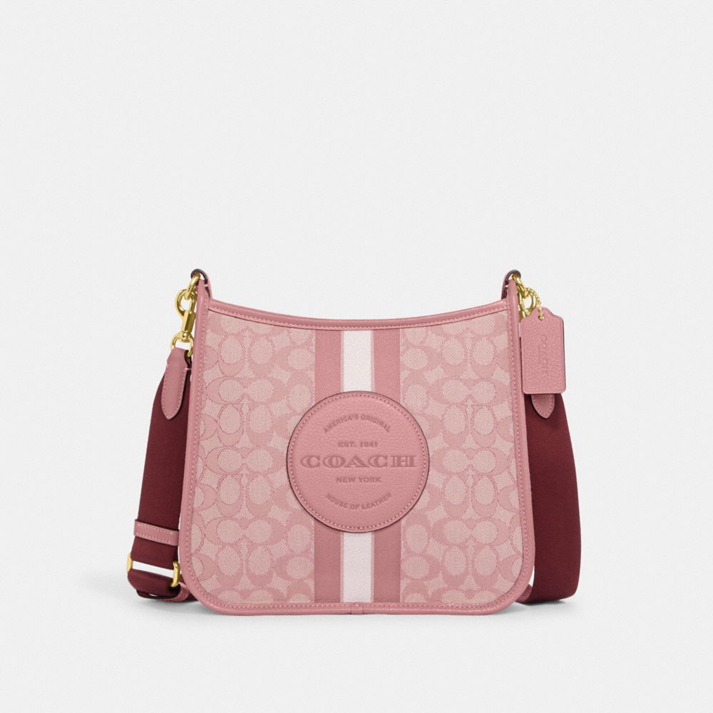 COACH®,SAC DE CLASSEMENT DEMPSEY EN JACQUARD SIGNATURE AVEC RAYURE ET ÉCUSSON COACH,Or/Rose pur multi,Front View