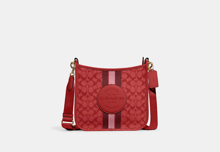 COACH®,DEMPSEY FILE BAG IN SIGNATURE JACQUARD WITH STRIPE AND COACH PATCH,Large,Gold/Red Apple Multi,Front View